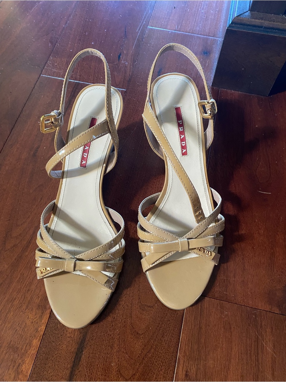 Prada Tan Patent Leather Bow Slingback Heels